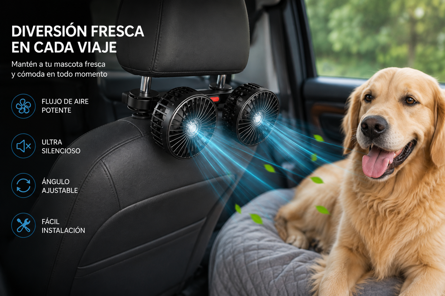 Ventilador de Coche para Mascotas — Doble Cabezal 360° | Nuvelo