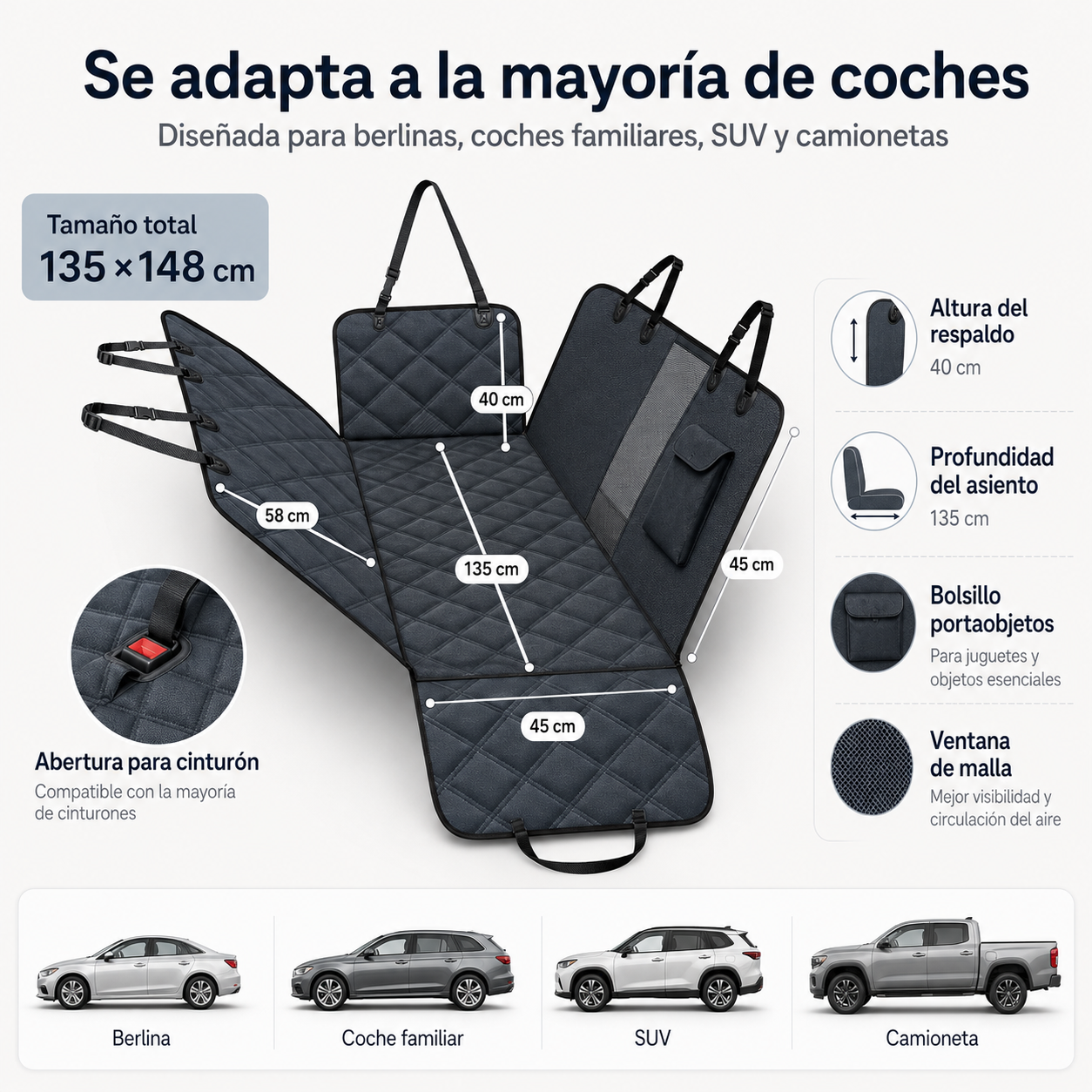 Protector de asiento trasero para mascotas – impermeable con malla
